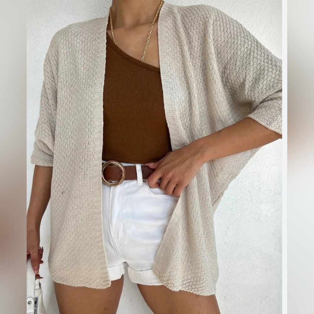 Rolla Coster Los Angeles Women Waffle Open Front Cardigan Dolman Sleeve Cream S